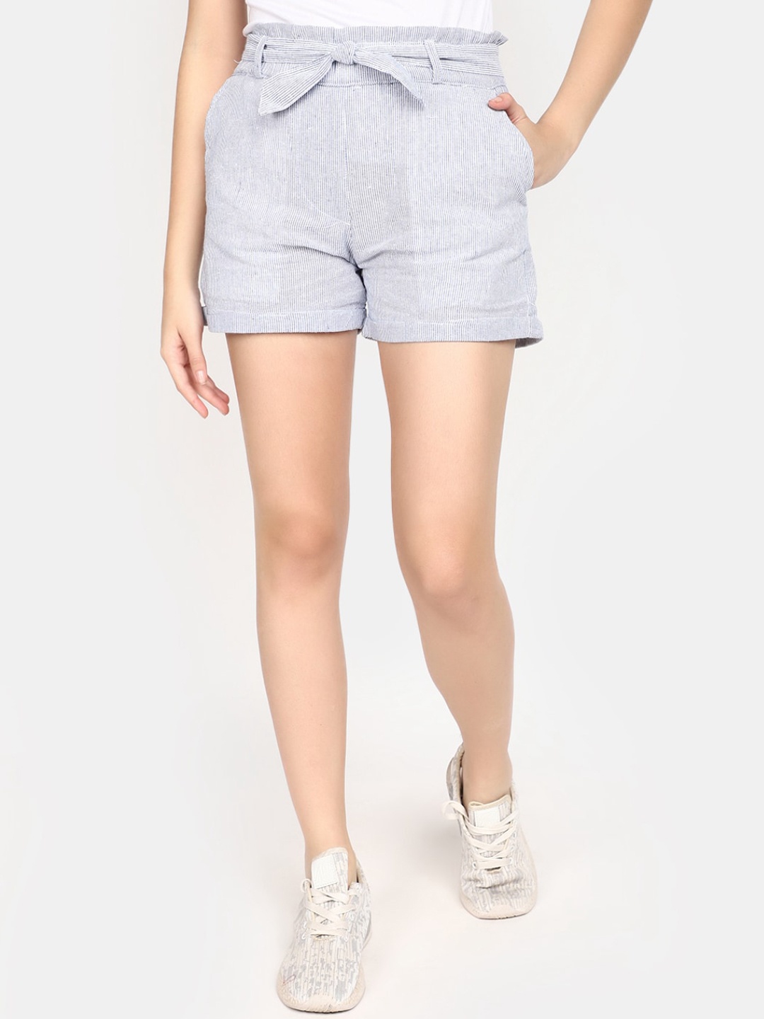

V-Mart Women Striped Mid-Rise Cotton Shorts, Blue