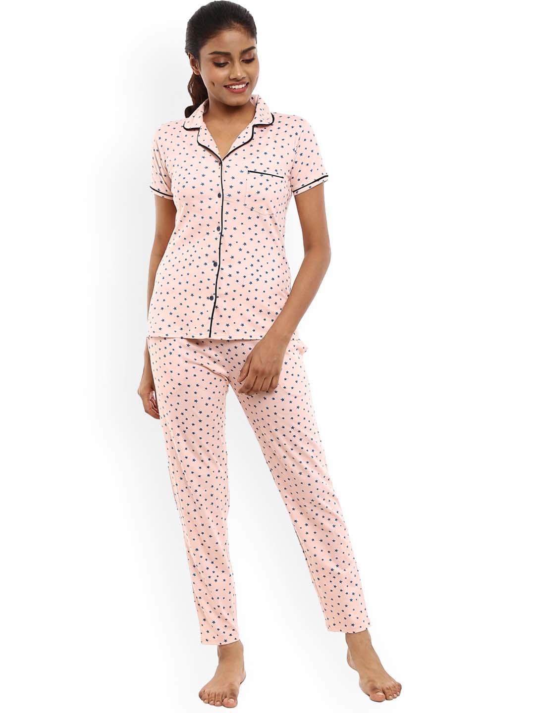 

V-Mart Geometric Printed Lapel Collar Pure Cotton Night suit, Pink