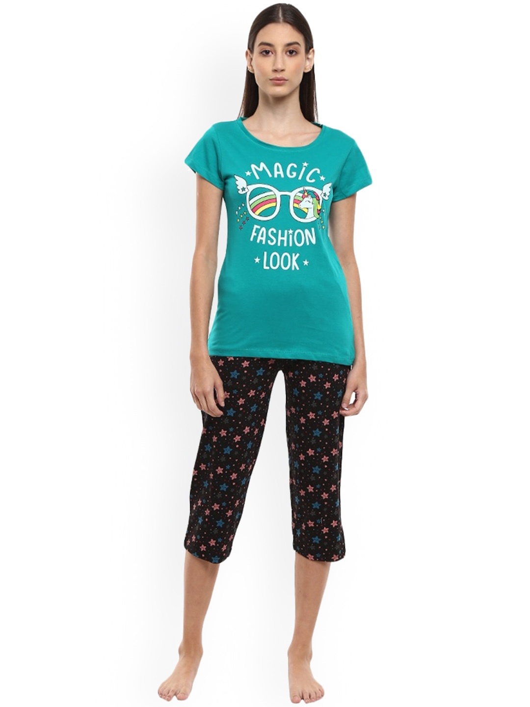 

V-Mart Graphic Printed Pure Cotton T-shirt With Capris, Green