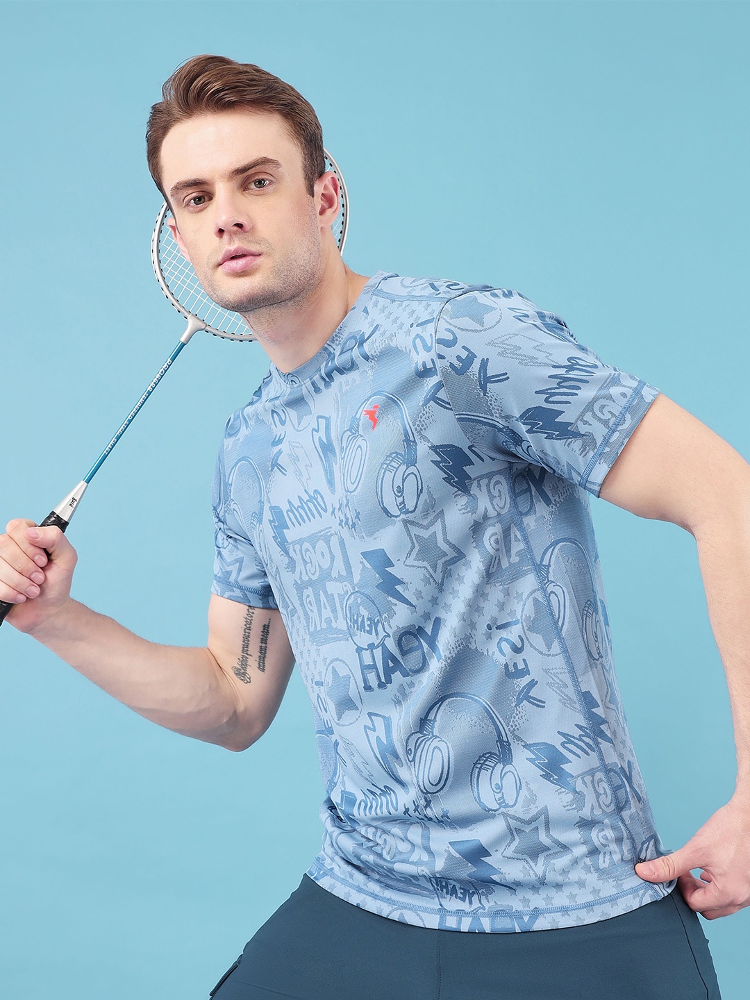 Technosport Men Jacquard Double Cool Slim Fit Sports Tshirt, Blue