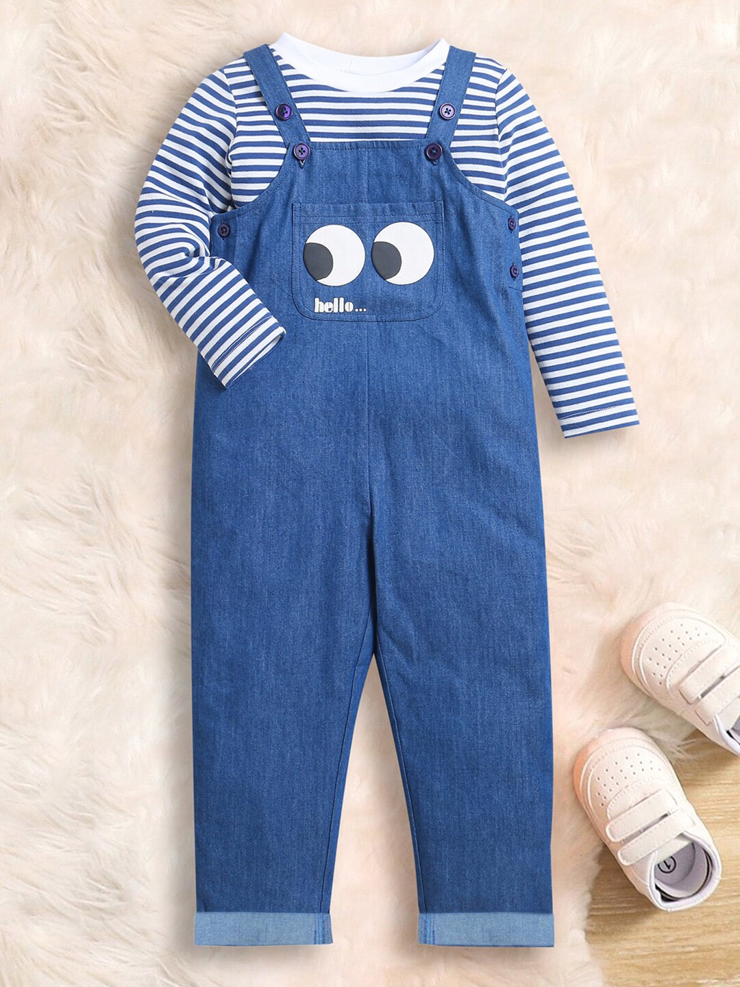 

Nino Bambino Kids Printed Cotton Dungaree With T-shirt, Blue