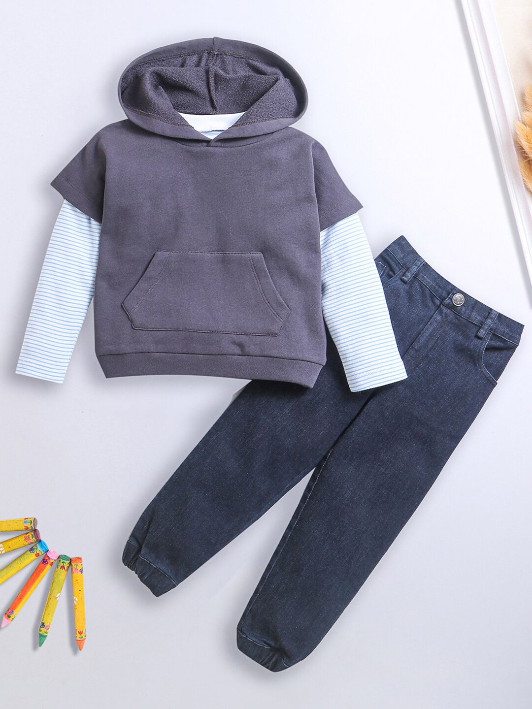 

Nino Bambino Boys Hooded Sweatshirt With Striped T-shirt & Jeans, Brown
