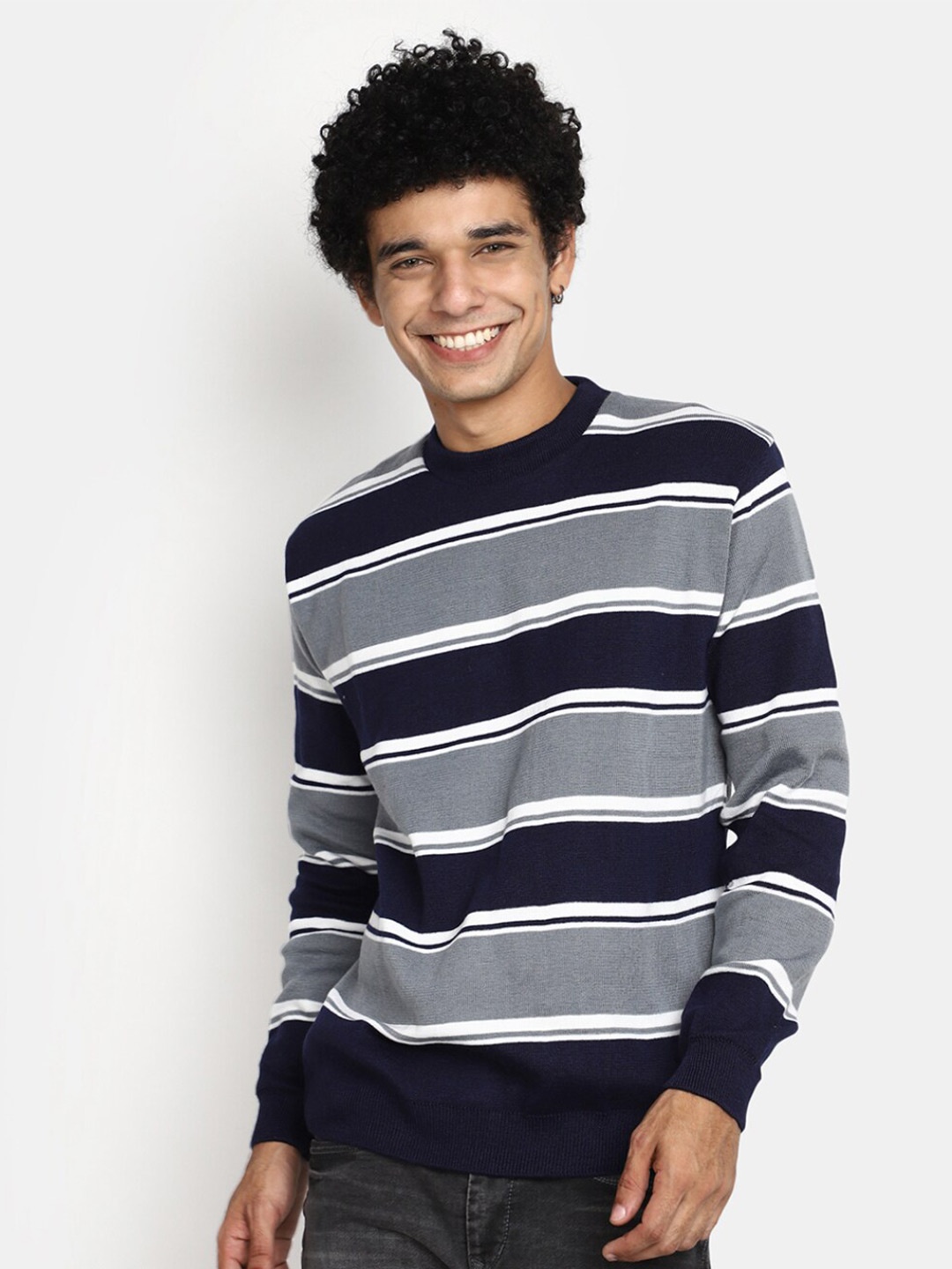 

V-Mart Striped Round Neck Cotton Pullover Sweater, Grey
