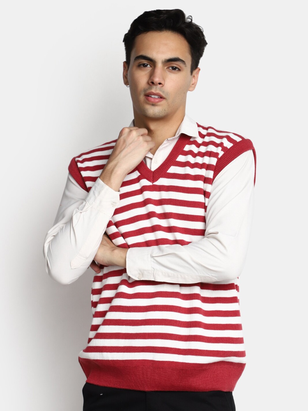 

V-Mart Striped V-Neck Cotton Sweater Vest, Rust