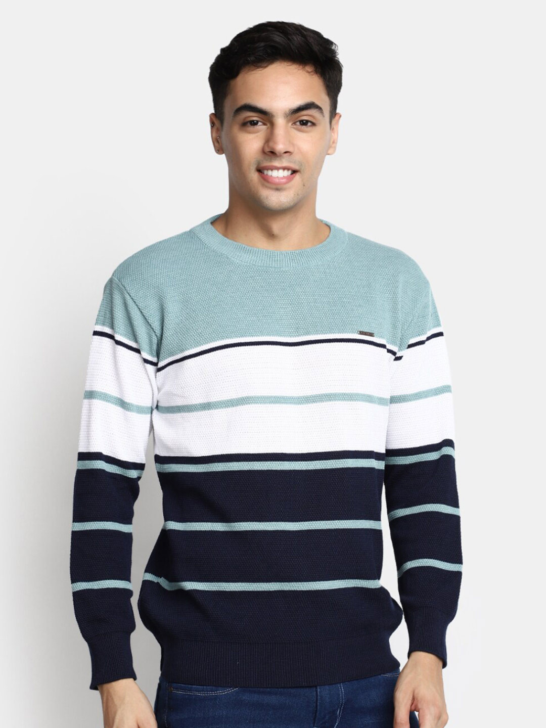 

V-Mart Striped Round Neck Cotton Sweater, Green