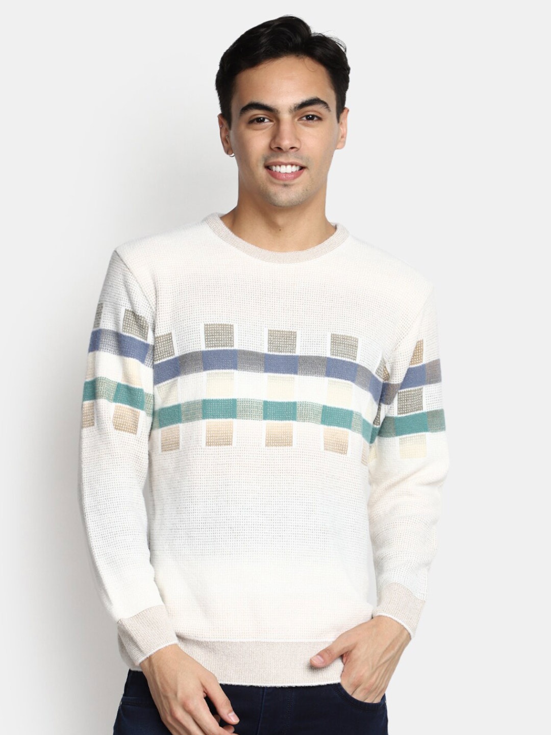 

V-Mart Striped Round Neck Long Sleeves Cotton Pullover Sweater, White