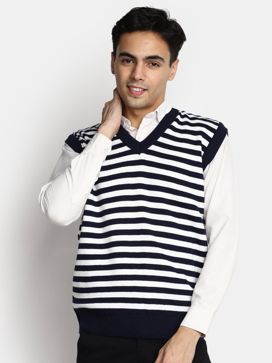 

V-Mart Striped V-Neck Cotton Sweater Vest, Blue