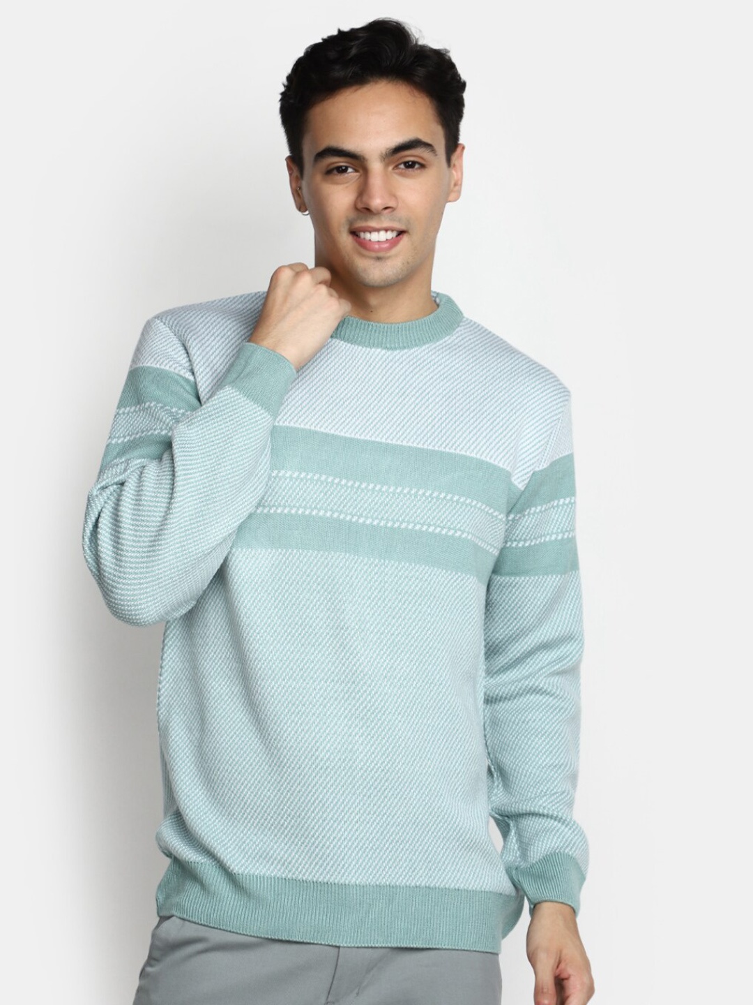 

V-Mart Striped Cotton Pullover Sweater, Green