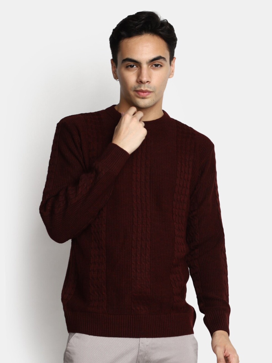 

V-Mart Cable Knit Cotton Pullover Sweater, Maroon