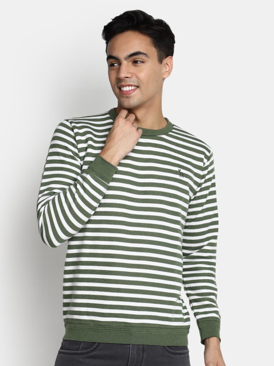 

V-Mart Horizontal Striped Cotton Pullover, Green