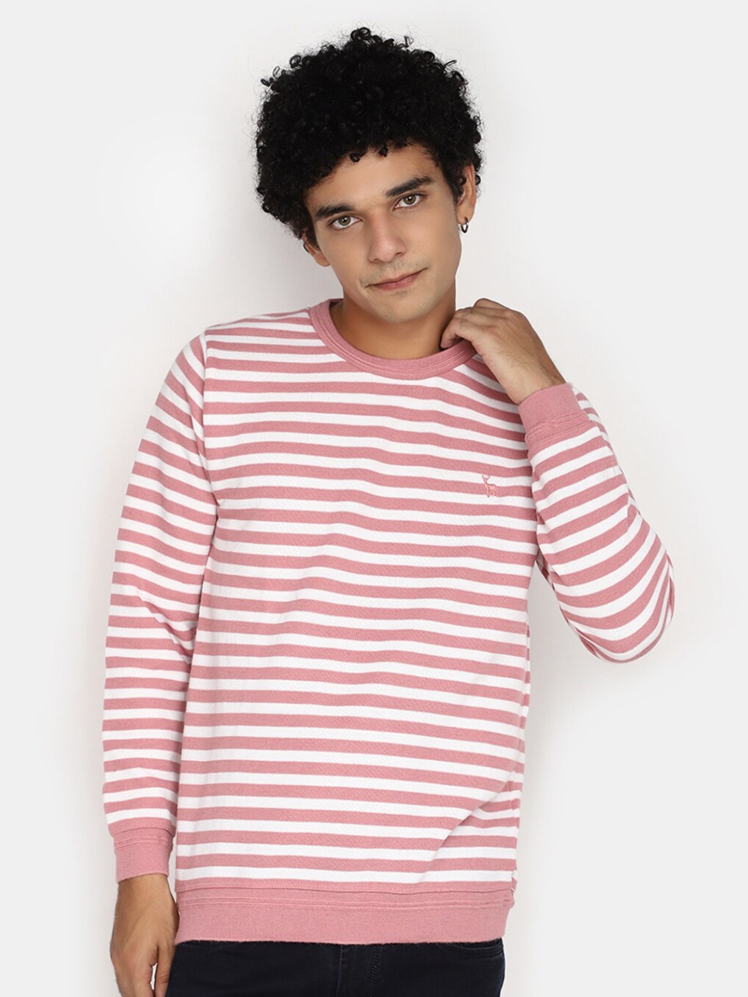 

V-Mart Striped Round Neck Long Sleeves Cotton Pullover Sweater, Pink