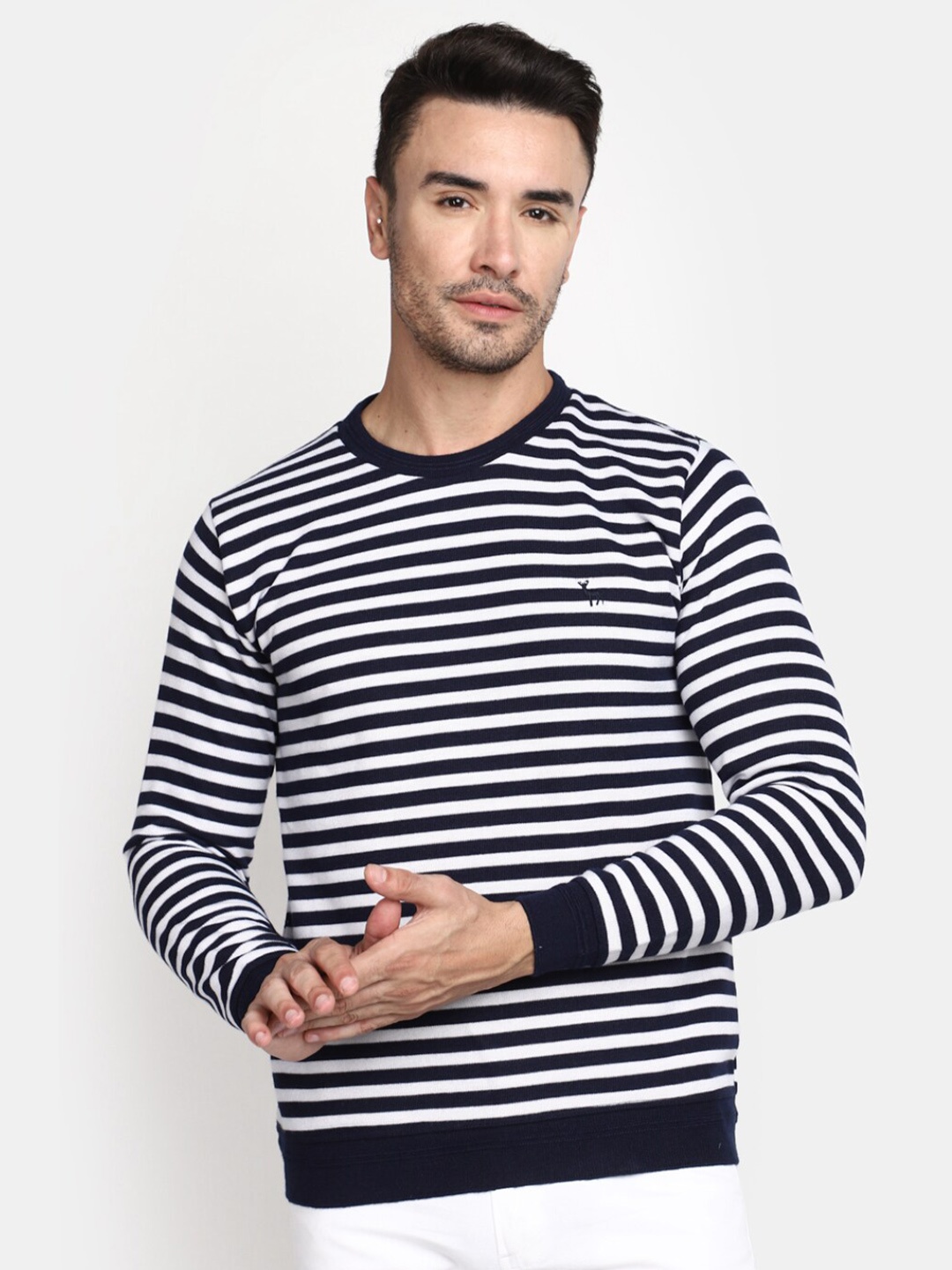 

V-Mart Striped Round Neck Cotton Pullover, Blue