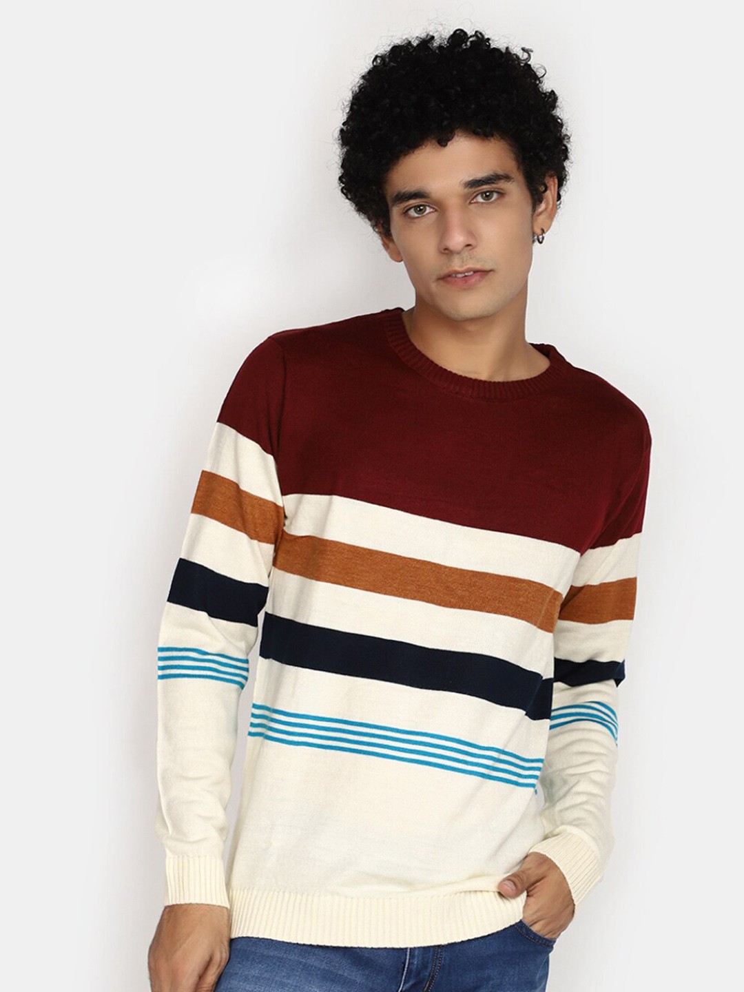

V-Mart Striped Acrylic Pullover Sweaters, Off white