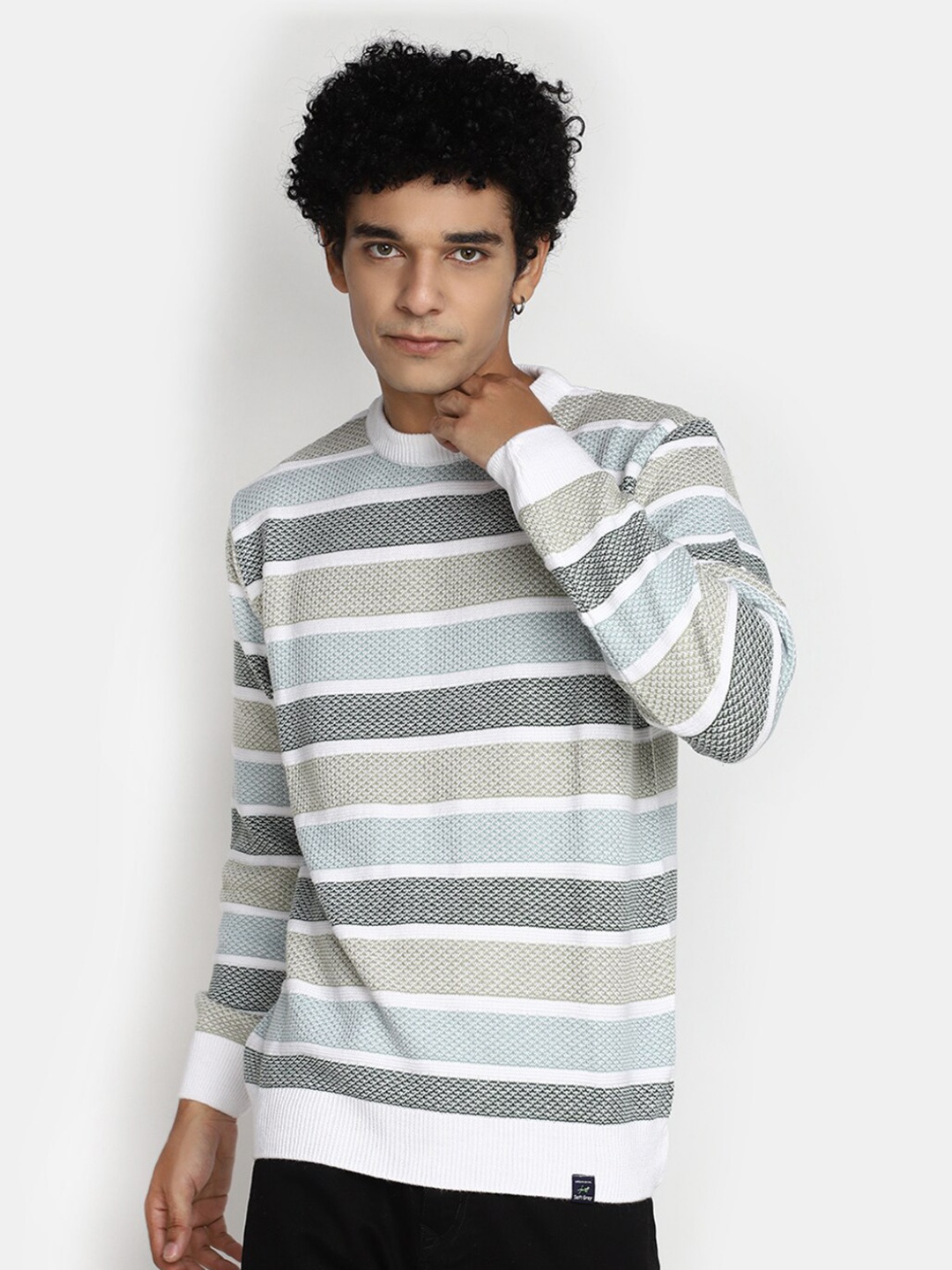 

V-Mart Striped Round Neck Cotton Pullover Sweater, Green