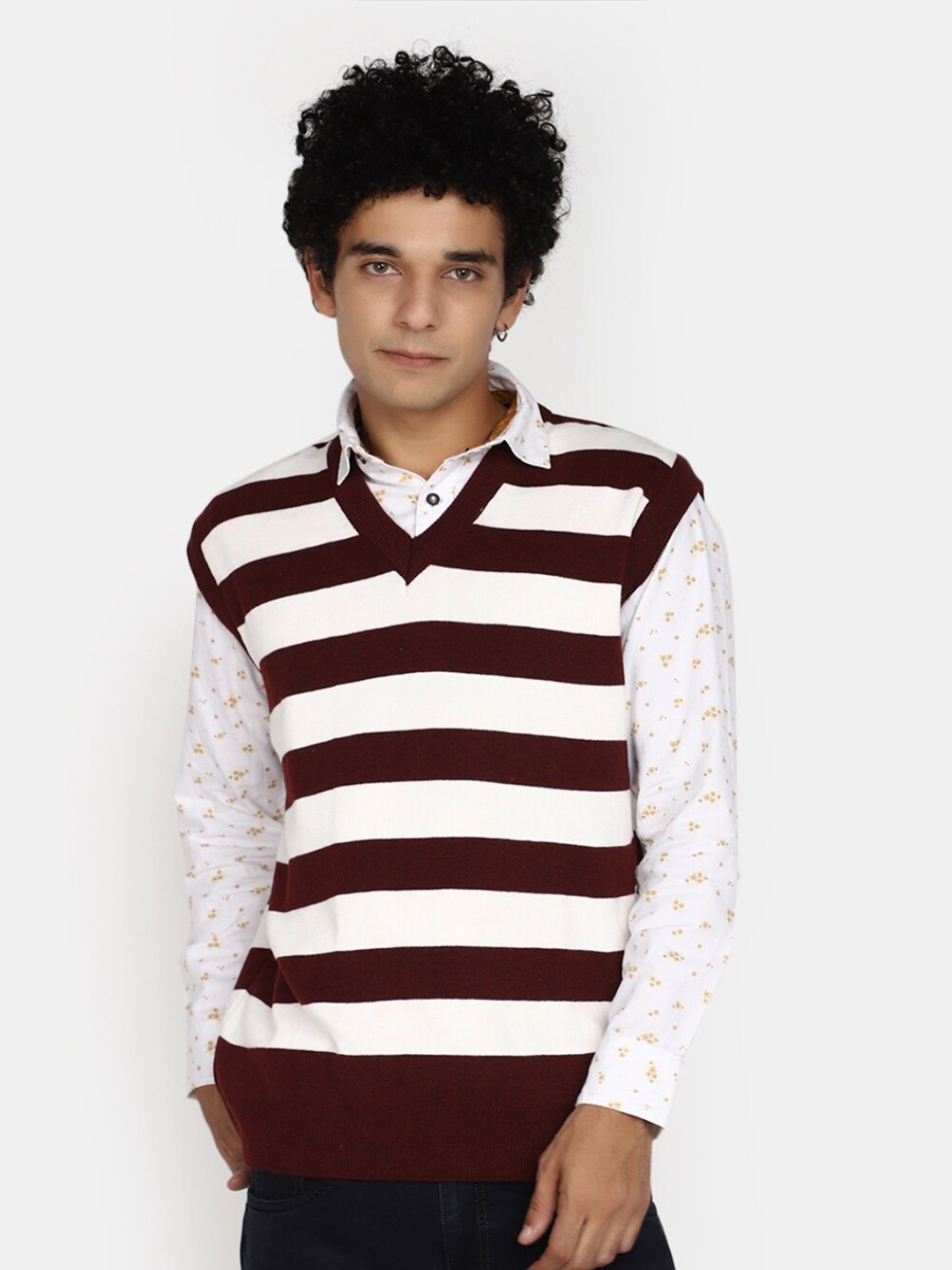 

V-Mart Horizontal Striped V-Neck Cotton Pullover, Maroon