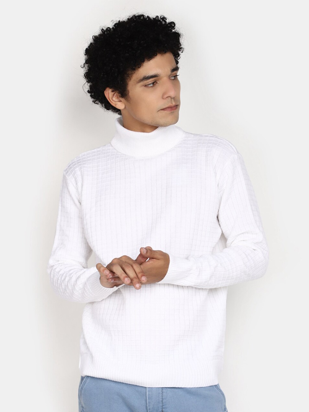 

V-Mart Checked High Neck Cotton Pullover, Off white