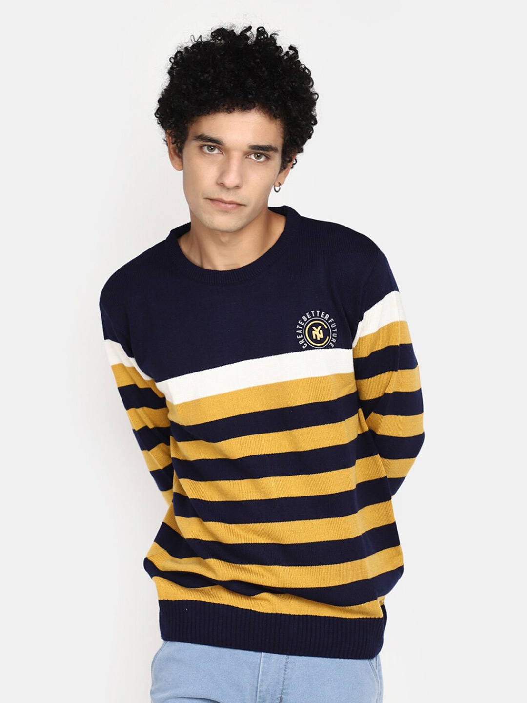 

V-Mart Striped Round Neck Cotton Sweater, Yellow