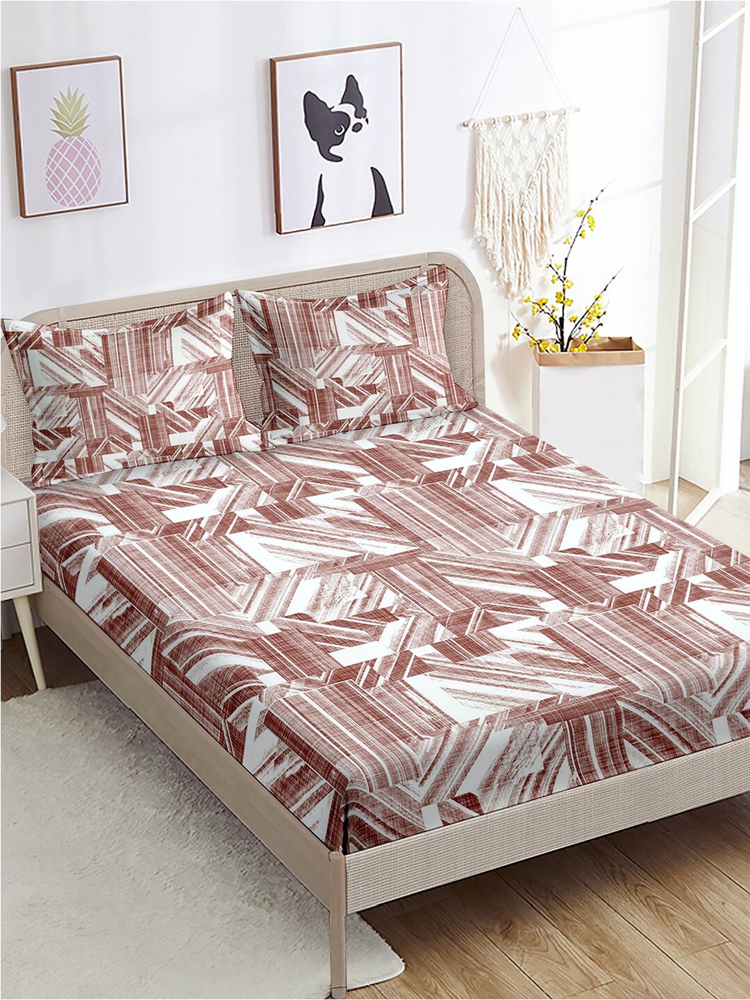 

BELLA CASA Sunshine Pink & White Printed Cotton 220 TC King Bedsheet With 2 Pillow Covers, Brown