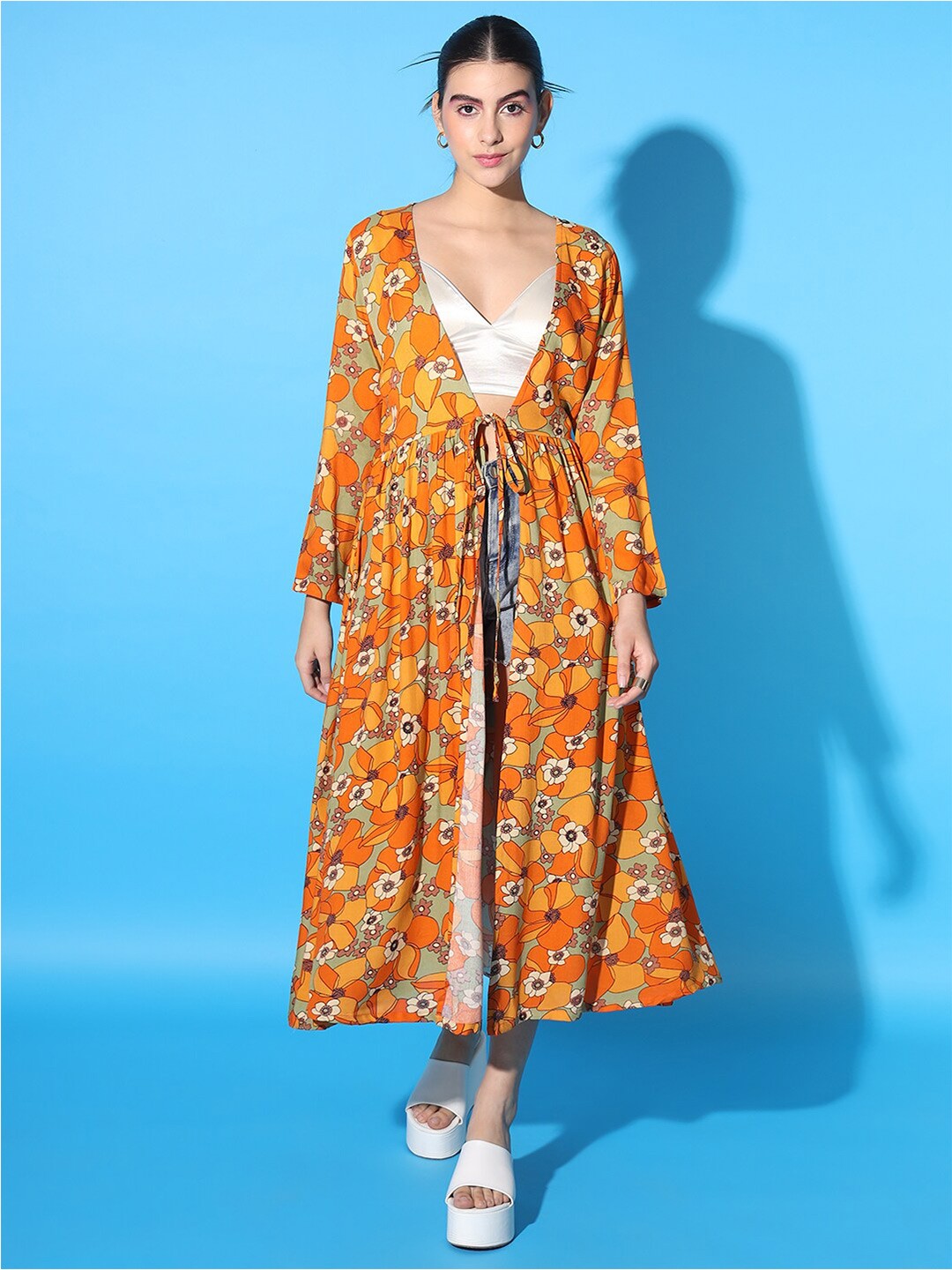 

Cation Women Orange Floral Printed Gathers Detail Longline Shrug
