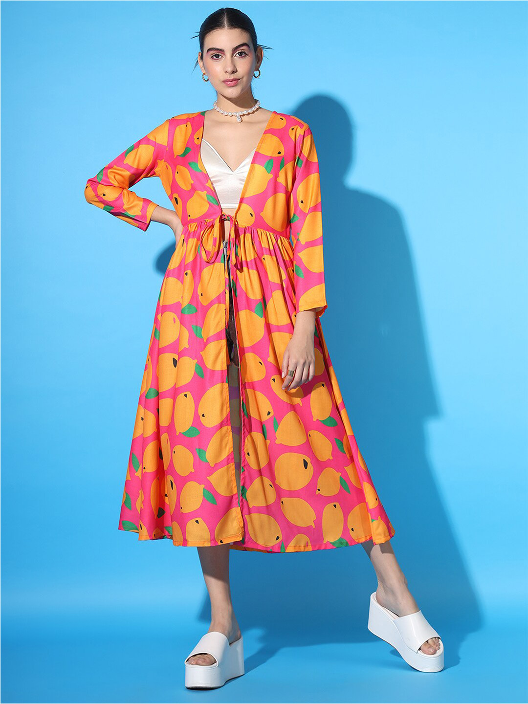 

Cation Women Orange & Blue Conversational Printed Gathers Longline Cotton Tie-Up Shrug