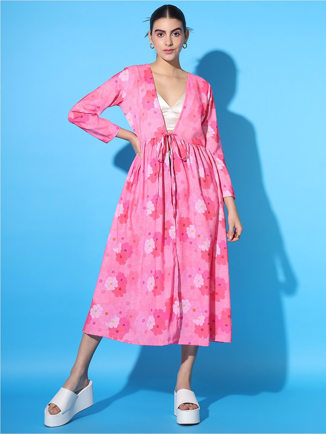 

Cation Floral Printed Gathered Longline Cotton Shrug, Pink