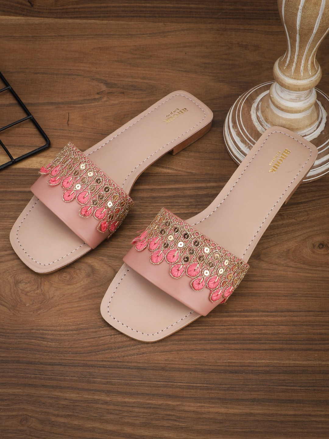 

Anouk Peach-Coloured Ethnic Embroidered Open Toe Flats