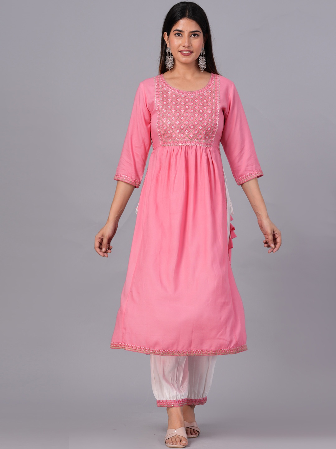 

DORIYA Regular Mirror Work Kurta & Palazzos With Dupatta, Pink