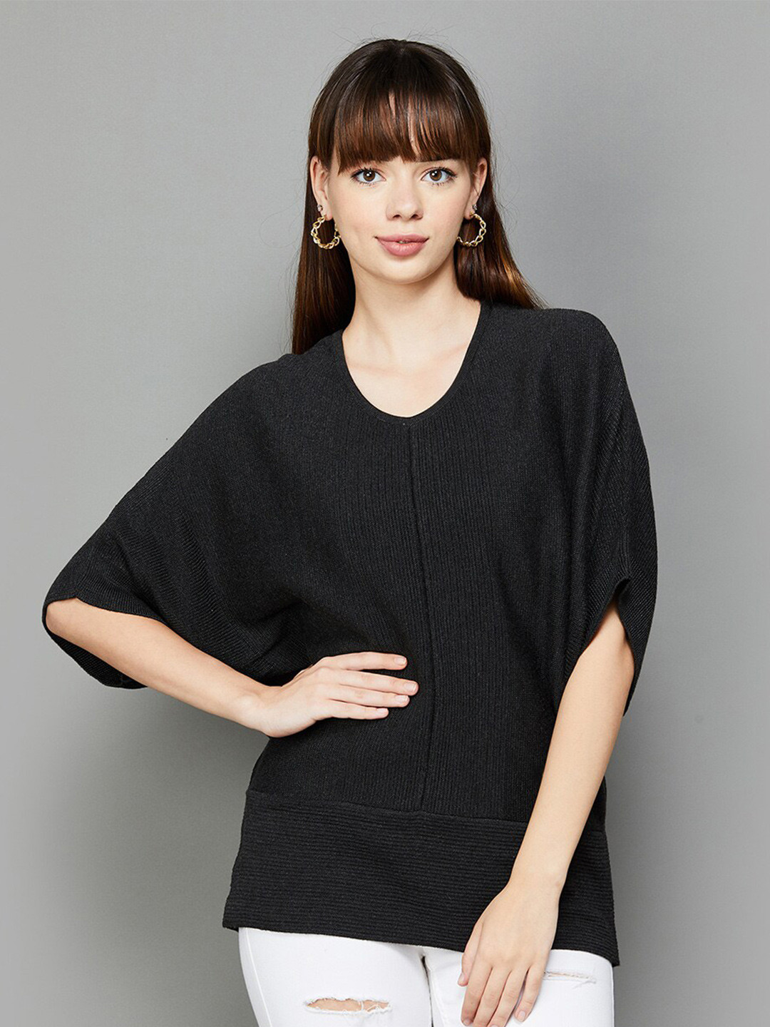 

Colour Me by Melange Batwing Sleeve Longline Top, Black