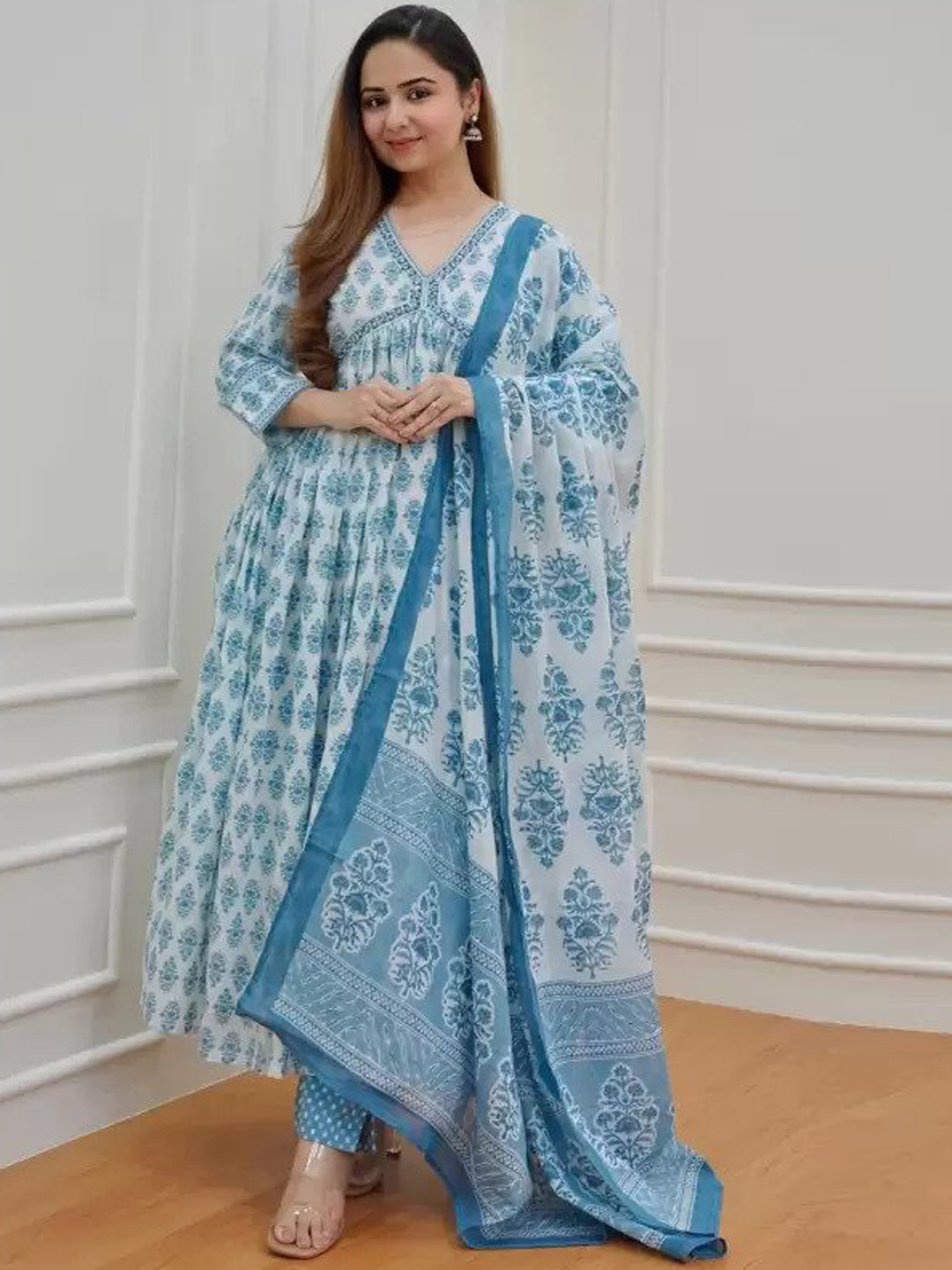 

KALINI Floral Printed Pure Cotton Kurta With Trousers & Dupatta, Blue