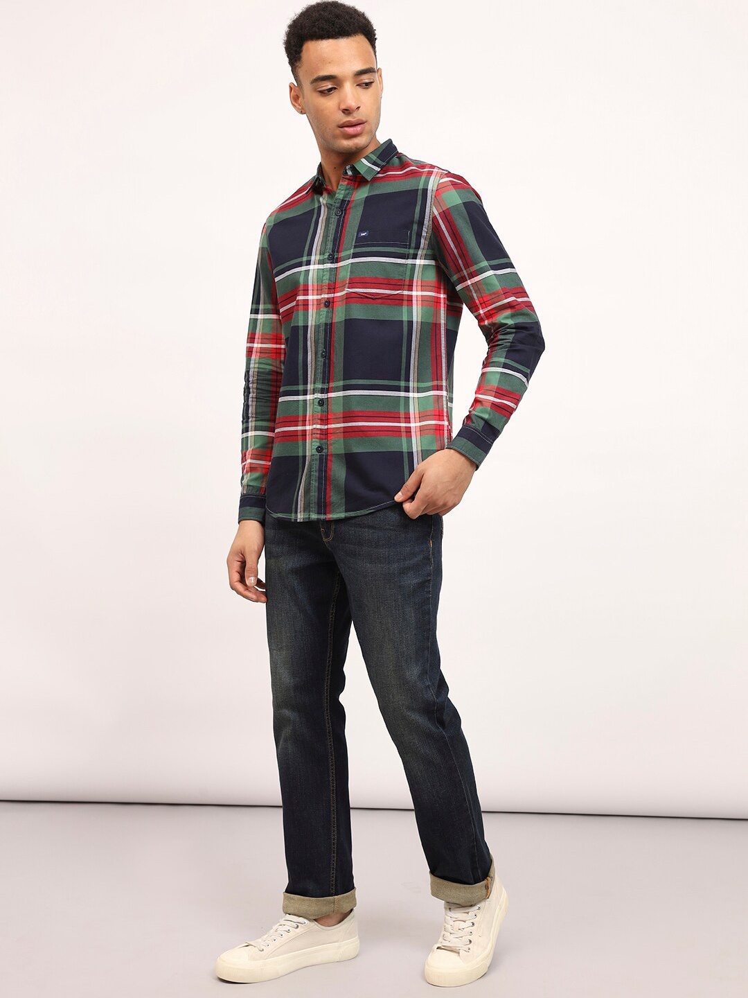 

Lee Slim Fit Tartan Checked Spread Collar Long Sleeve Pocket Cotton Casual Shirt, Navy blue