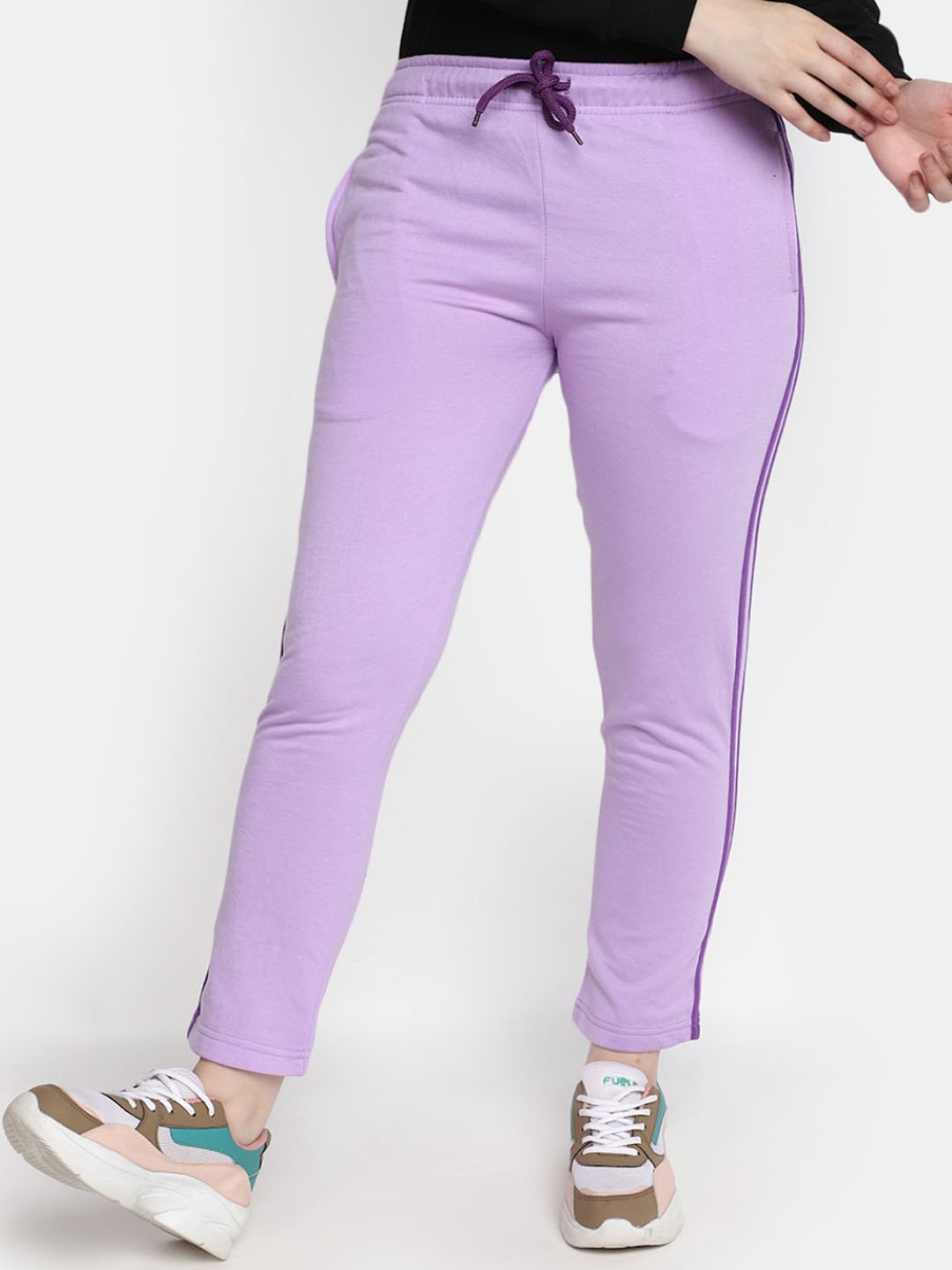 

V-Mart Women Striped-Detail Cotton Track Pants, Lavender