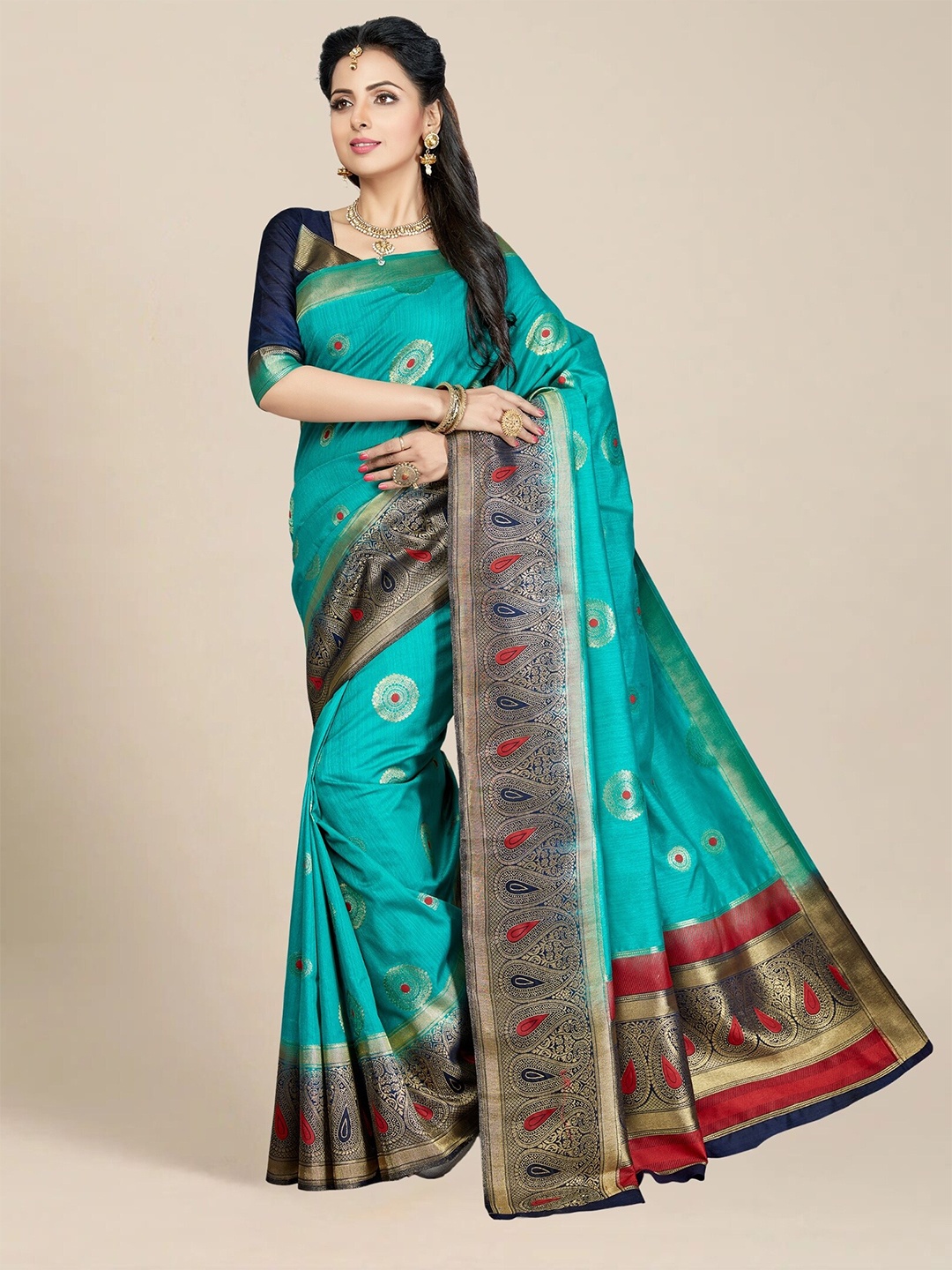 

MAGMINA Ethnic Motifs Woven Design Zari Pure Silk Kanjeevaram Saree, Turquoise blue