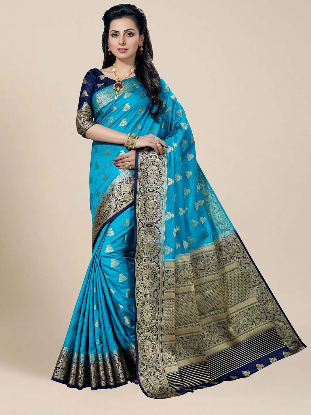 

MAGMINA Ethnic Motifs Woven Design Zari Pure Silk Kanjeevaram Saree, Turquoise blue