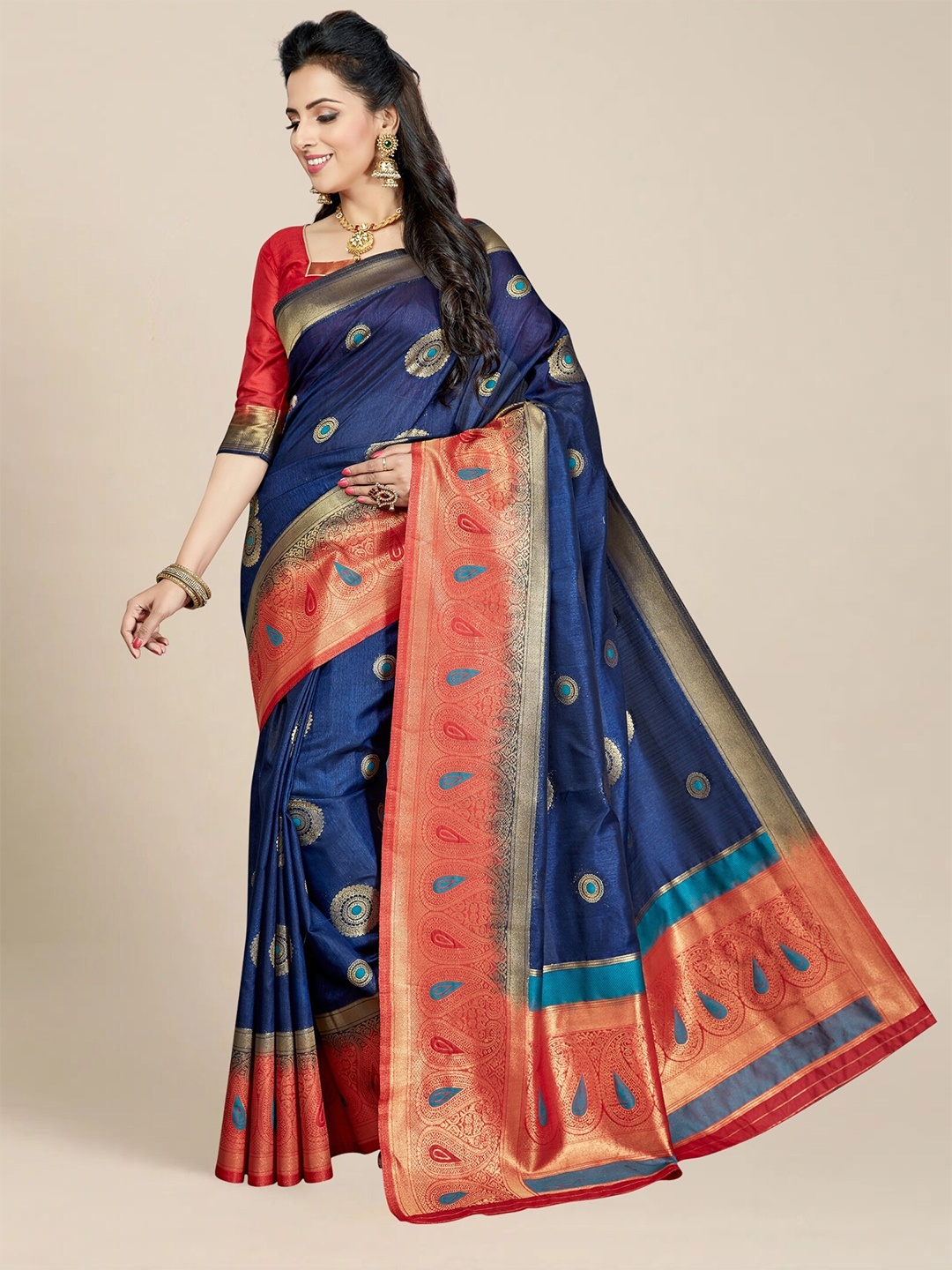 

MAGMINA Ethnic Motifs Woven Design Zari Pure Silk Kanjeevaram Saree, Blue