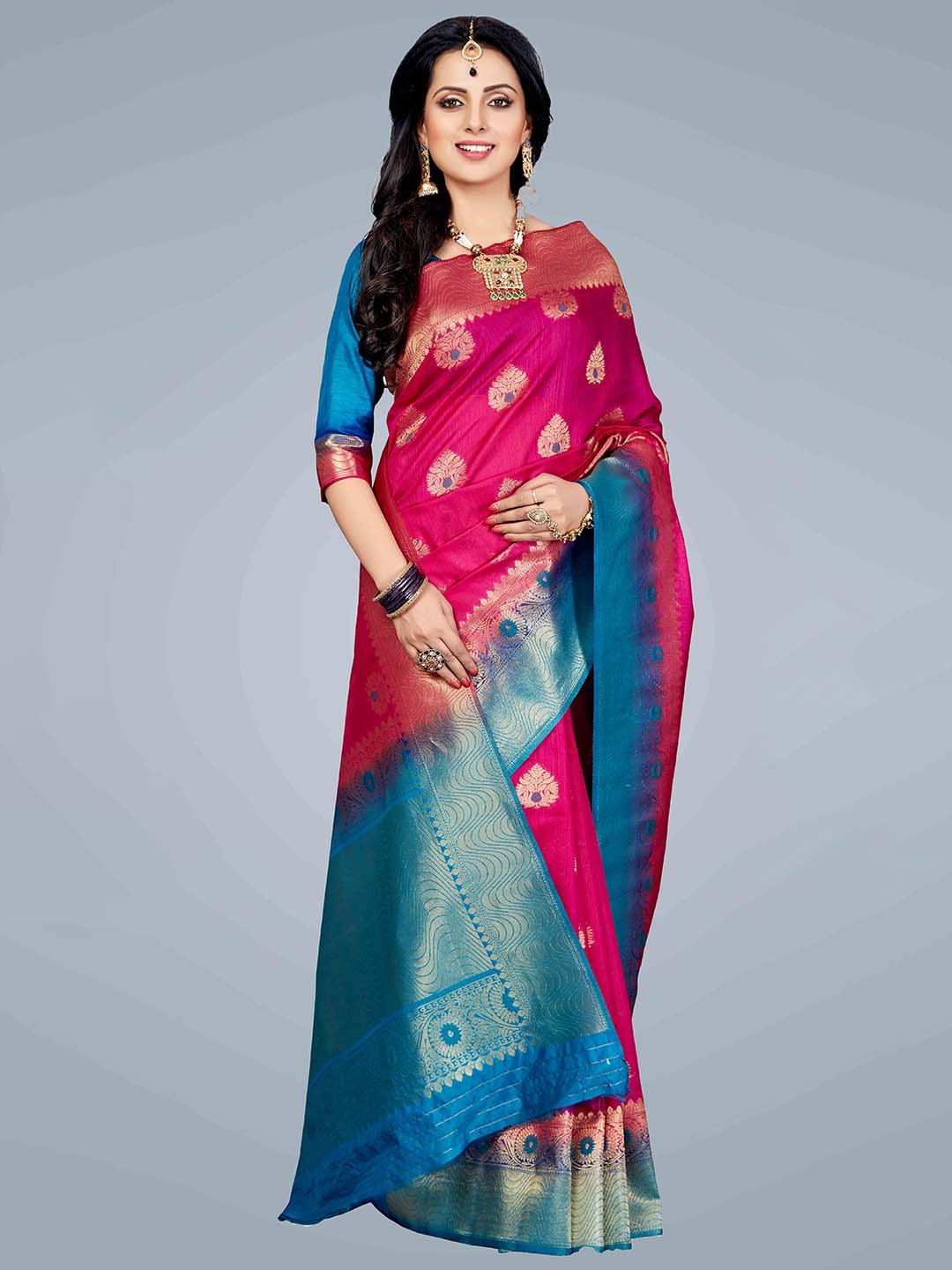 

MAGMINA Ethnic Motifs Woven Design Zari Pure Silk Kanjeevaram Saree, Pink