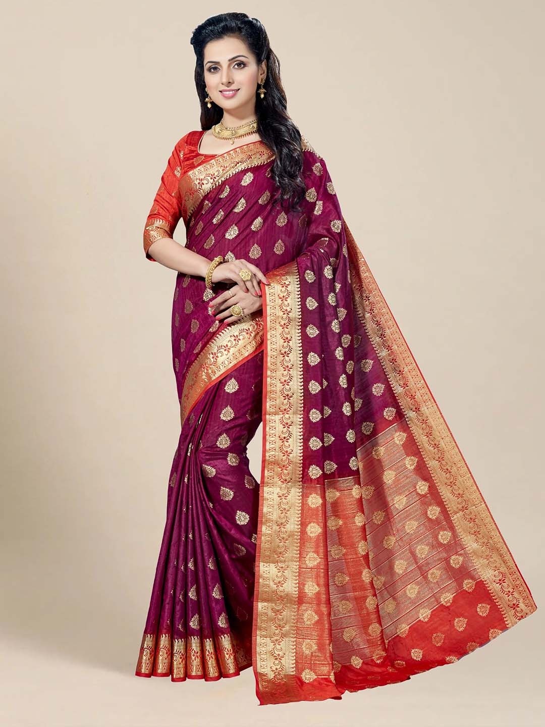 

MAGMINA Ethnic Motifs Woven Design Zari Pure Silk Kanjeevaram Saree, Purple