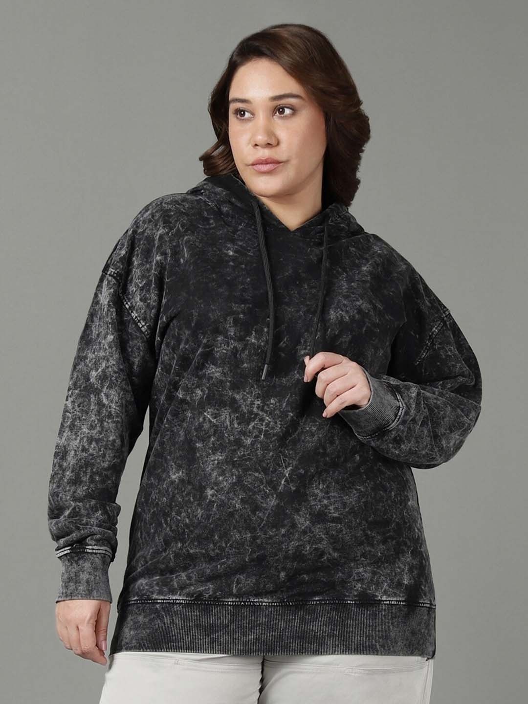 

Bewakoof Plus Size Abstract Printed Oversized Hooded Cotton Sweatshirt, Black
