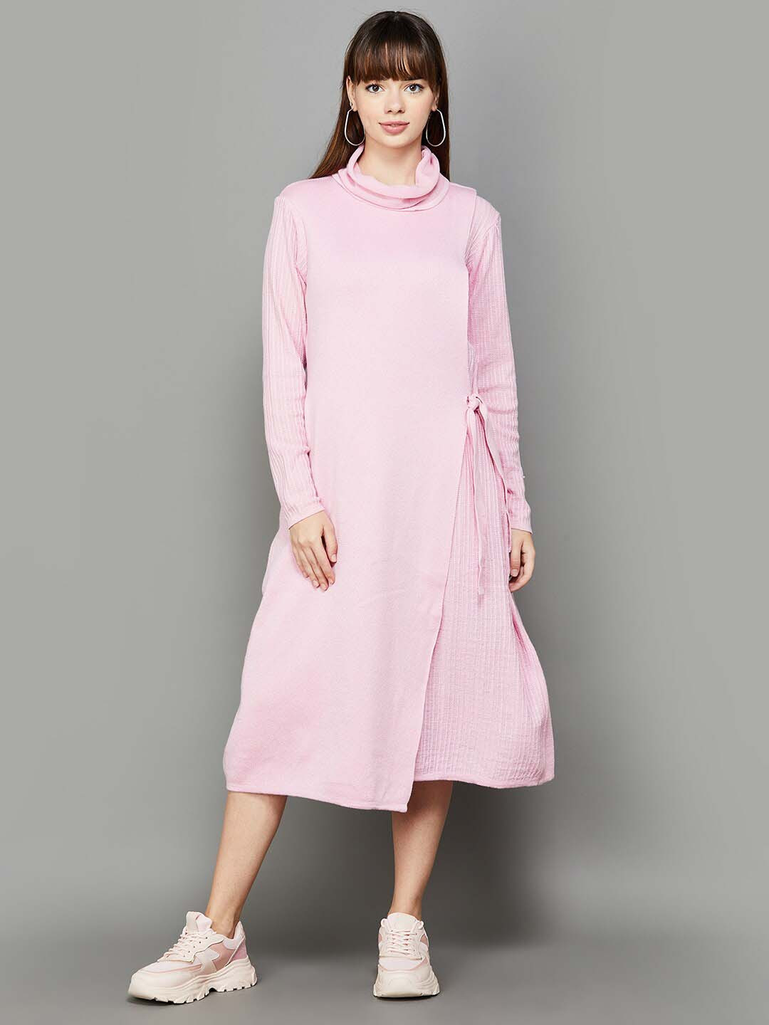 

Colour Me by Melange Self Design High Neck Acrylic A-Line Dress, Pink
