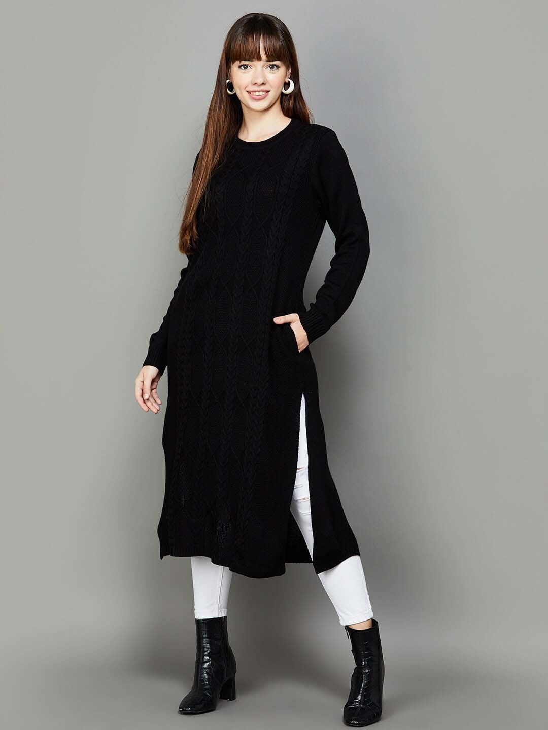 

Colour Me by Melange Quirky Woven Design Straight Acrylic Kurta, Black