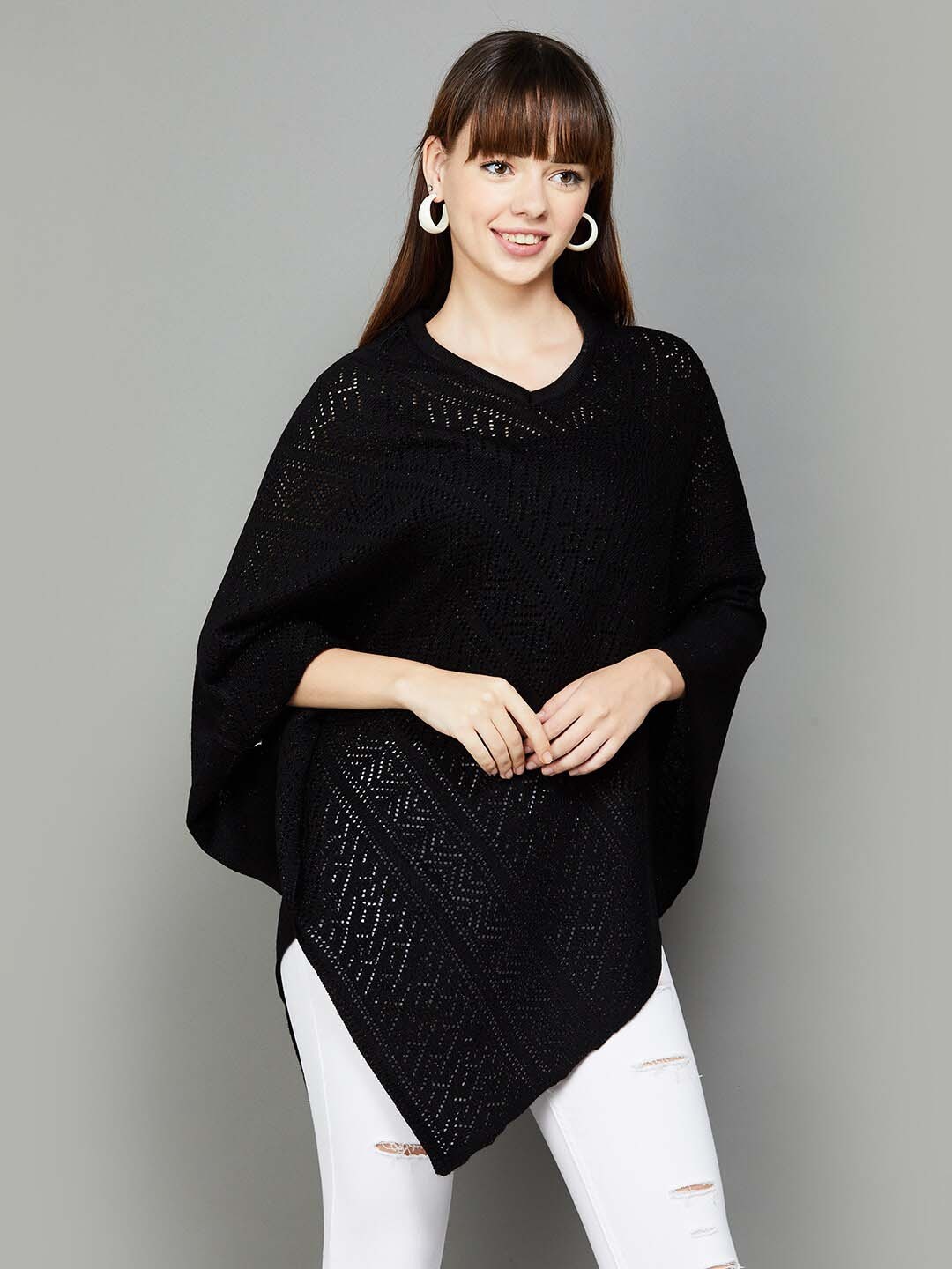 

Colour Me by Melange Self Design V-Neck Acrylic Poncho, Black