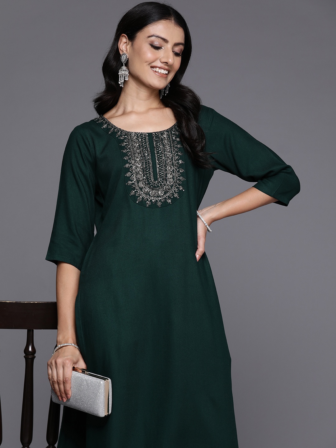 

Libas Ethnic Motifs Yoke Design Zari Kurta with Trousers, Green