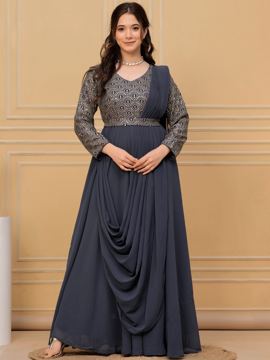 

Libas Embroidered Georgette Maxi Dress, Grey