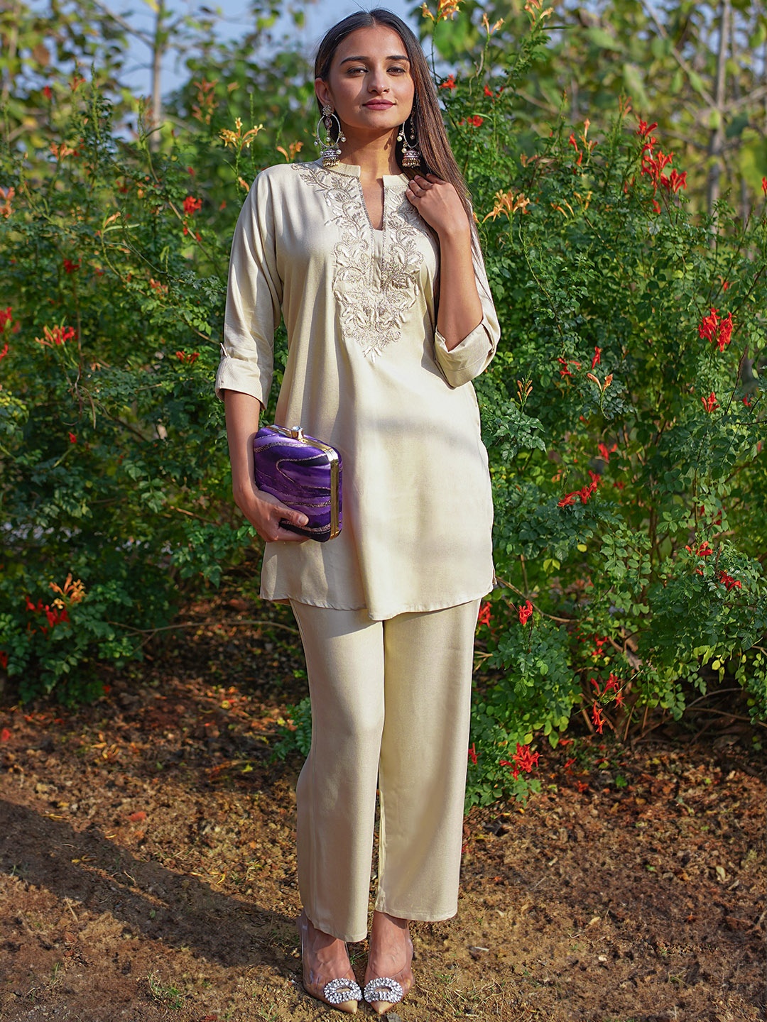 

Libas Women Floral Yoke Embroidered Pashmina Tunic with Trousers, Beige