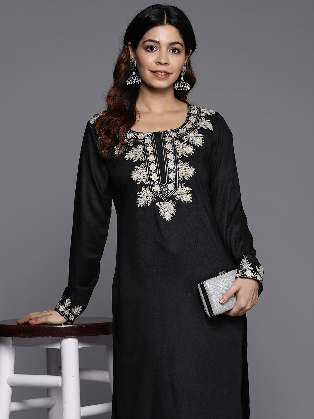 

Libas Women Floral Yoke Design Regular Kurta with Palazzos, Black