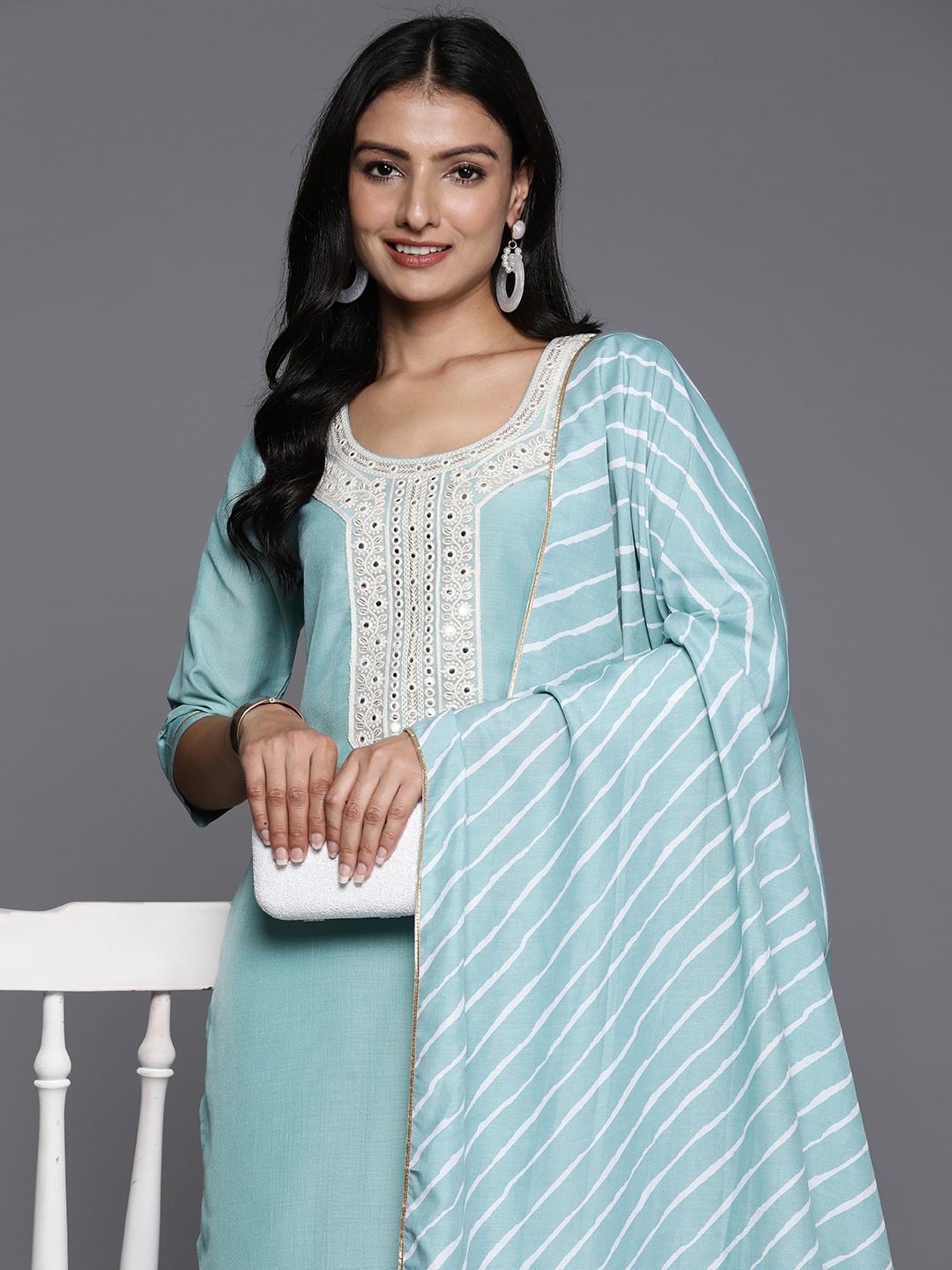 

Libas Women Turquoise Blue Floral Yoke Design Regular Gotta Patti Kurta with Trousers & With Dupatta