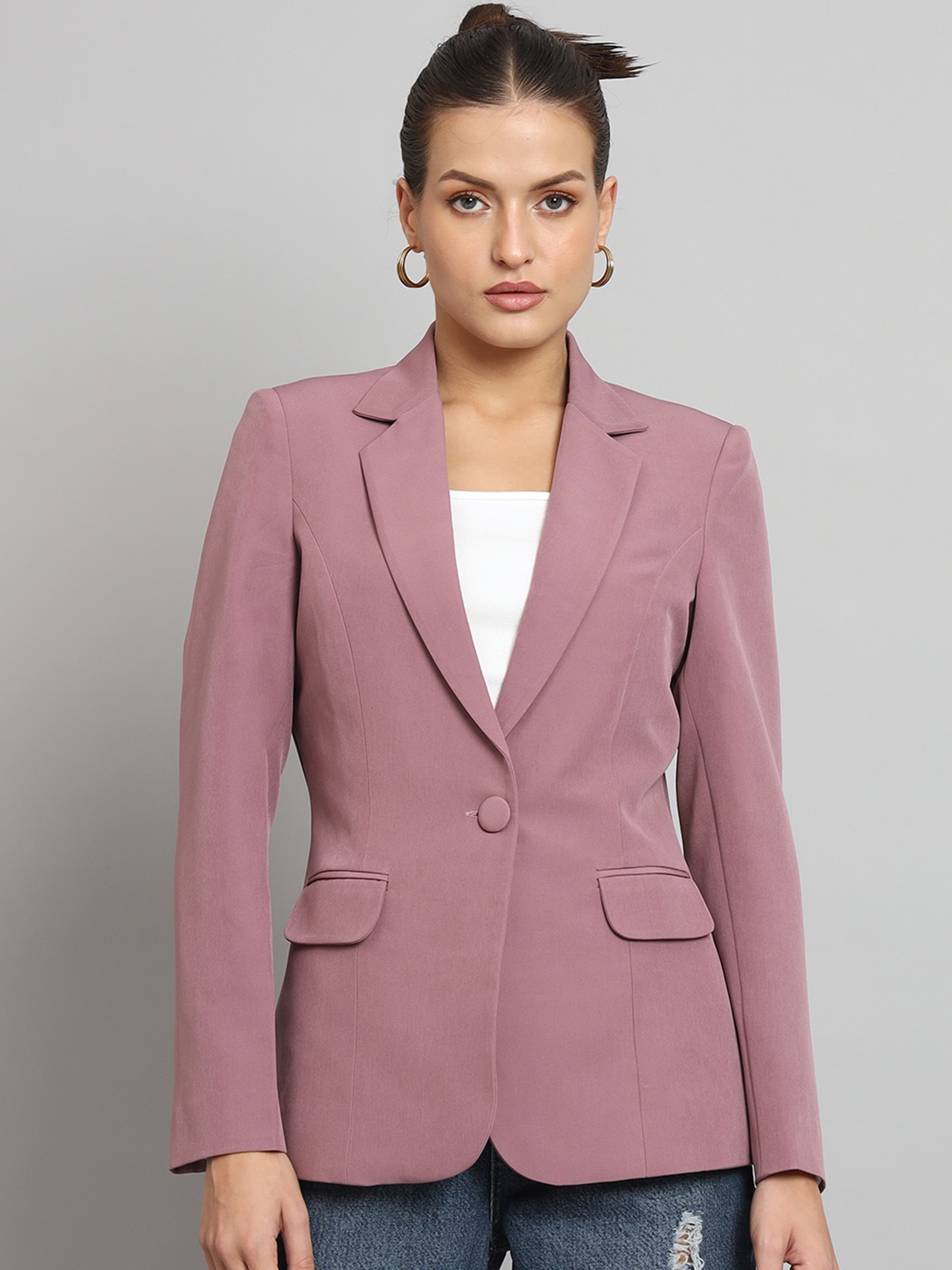 

PowerSutra Notched Lapel Collar Single Breasted Casual Blazer, Pink
