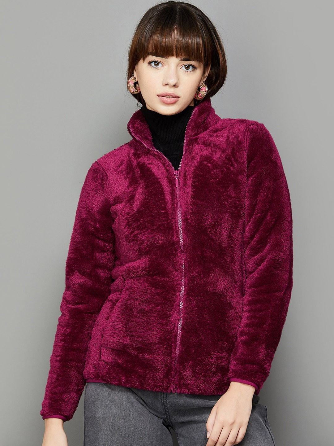 

Fame Forever by Lifestyle Long Sleeves Mock Collar Fur Tailored Jacket, Purple