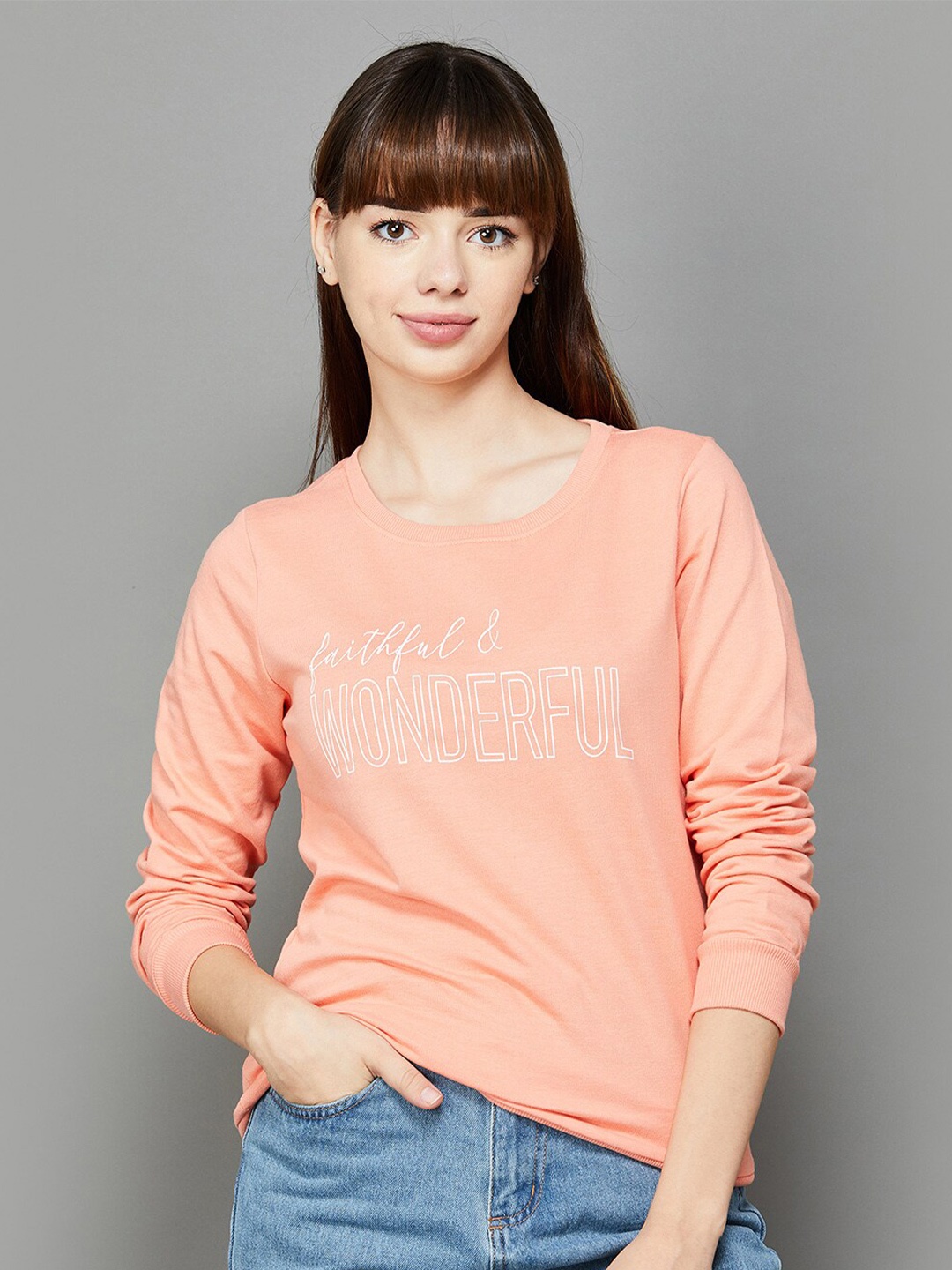 

Fame Forever by Lifestyle Typography Printed Cotton Sweatshirt, Peach