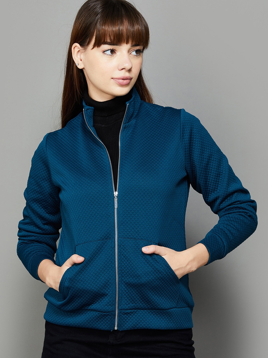 

Fame Forever by Lifestyle Self Desigm Mock Collar Sporty Jacket, Teal