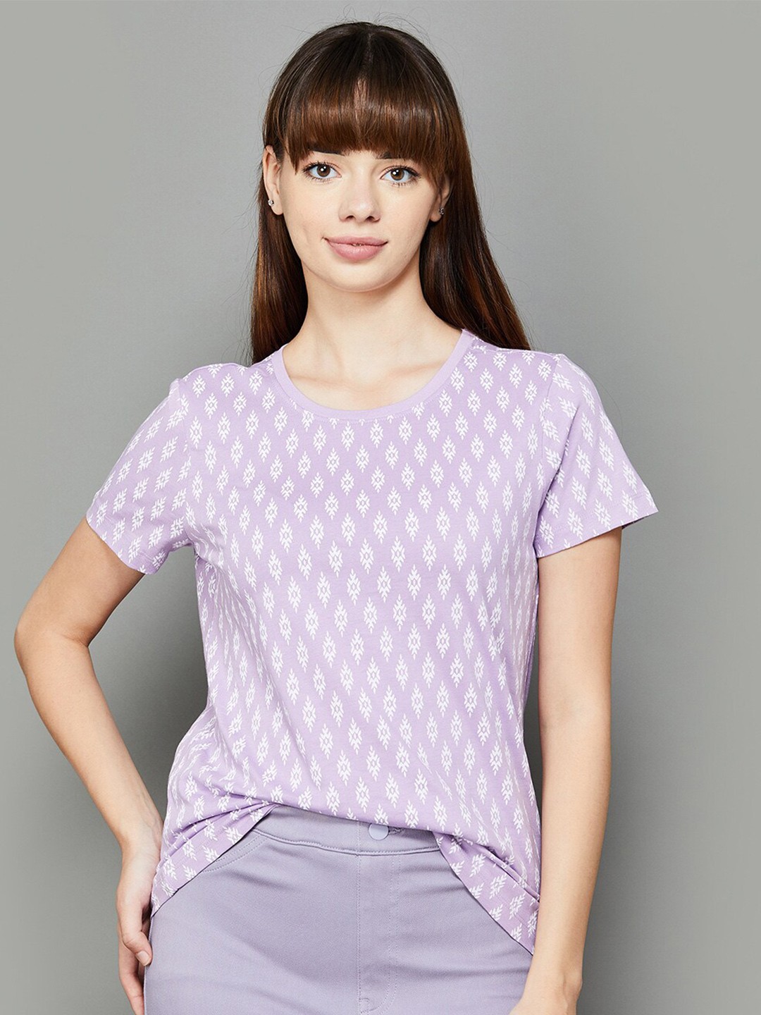 

Fame Forever by Lifestyle Ethnic Motifs Printed Round Neck Pure Cotton Top, Purple